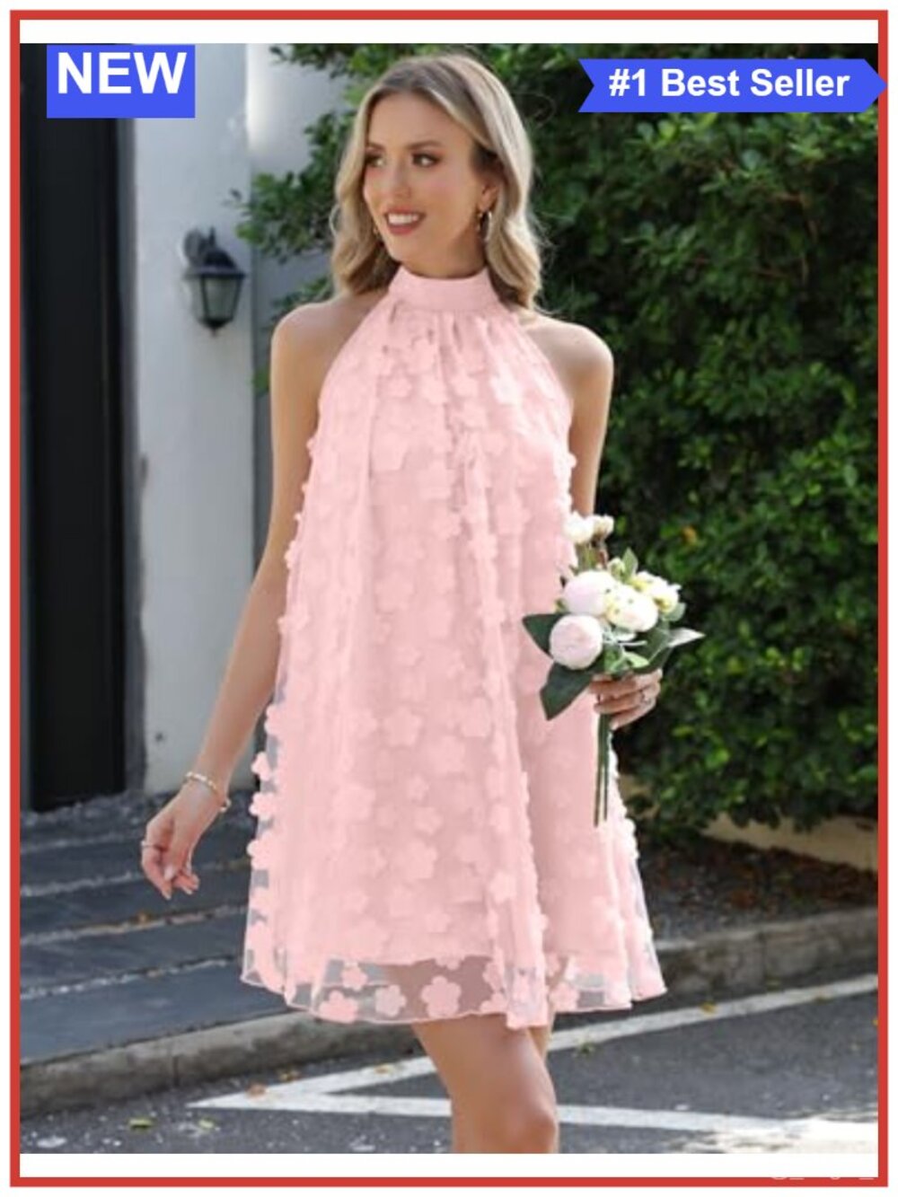 Women's Halter Neck Floral Applique A-line Tulle Mini Dress Formal Party - Picture 2 of 6